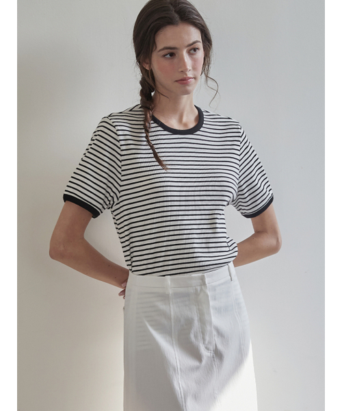 BEMUSE MANSION(ビミューズマンション)の「Ribbed binding B point T-shirt - Black stripe(Tシャツ/カットソー・レディース・その他・FREE)」の2枚目の写真