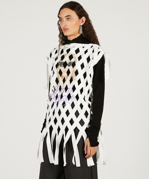 PRANK PROJECT（プランクプロジェクト）の「【2026Spring Pre-Order】フェイスプリントリボンTシャツ / Woven Grid "aesthetic" Top（その他トップス・レディース・ホワイト・FREE）」の4枚目の写真