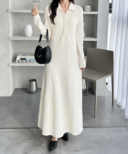 GeeRA（ジーラ）の「全骨格細見え！レース見えポロ襟表面感素材マーメイドワンピース（ワンピース・レディース・アイボリー/ブラック・X-LARGE/LARGE/MEDIUM）」の13枚目の写真