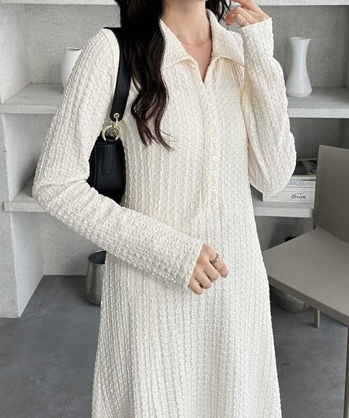 GeeRA（ジーラ）の「全骨格細見え！レース見えポロ襟表面感素材マーメイドワンピース（ワンピース・レディース・アイボリー/ブラック・X-LARGE/LARGE/MEDIUM）」の12枚目の写真