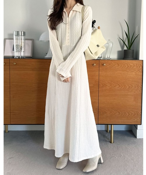 GeeRA（ジーラ）の「全骨格細見え！レース見えポロ襟表面感素材マーメイドワンピース（ワンピース・レディース・アイボリー/ブラック・X-LARGE/LARGE/MEDIUM）」の3枚目の写真