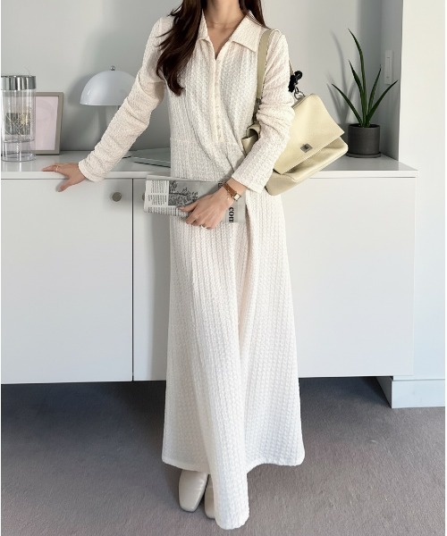 GeeRA（ジーラ）の「全骨格細見え！レース見えポロ襟表面感素材マーメイドワンピース（ワンピース・レディース・アイボリー/ブラック・X-LARGE/LARGE/MEDIUM）」の5枚目の写真