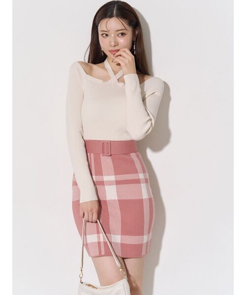 RESEXXY（リゼクシー）の「ジャガードチェックニットミニワンピース（ワンピース・レディース・ベージュ/オレンジ/ブラック・FREE）」の9枚目の写真
