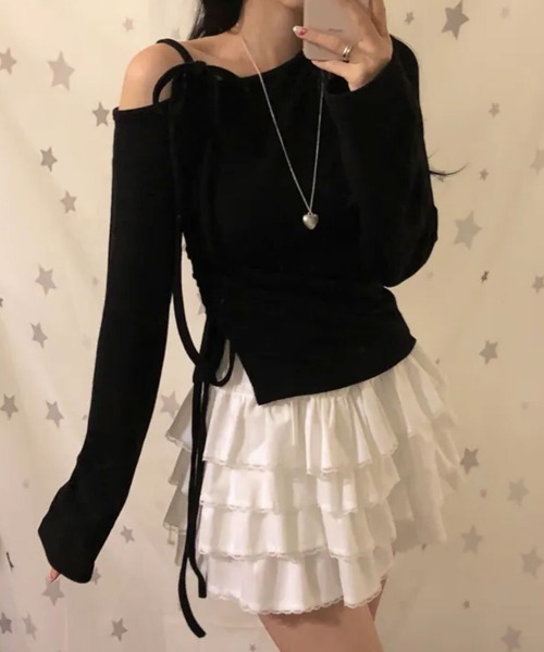 VIVID LADY(ビビッドレディー)の「アシンメトリーデザイン ワンショルダー リブニットトップス(ニット/セーター・レディース・ブラック/アイボリー/グレー・FREE)」の12枚目の写真