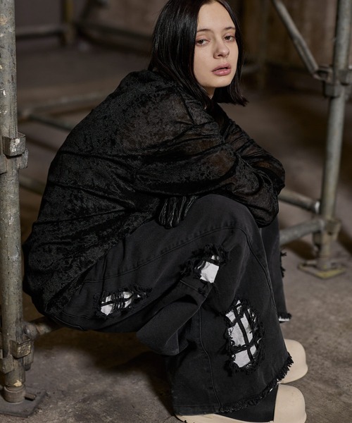 ERAR（エラー）の「【ERAR】【セットアップ対応】ハイダメージナイロンドッキングデザインサイドラインワイドデニムパンツ（デニムパンツ・メンズ・ブラック・S/M/L/XL）」の6枚目の写真