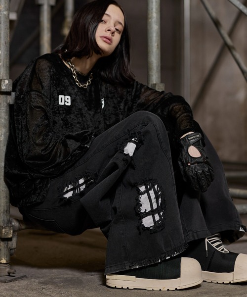 ERAR（エラー）の「【ERAR】【セットアップ対応】ハイダメージナイロンドッキングデザインサイドラインワイドデニムパンツ（デニムパンツ・メンズ・ブラック・S/M/L/XL）」の7枚目の写真