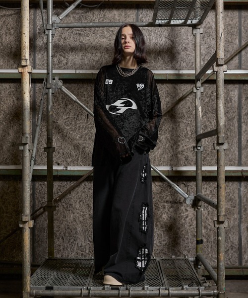 ERAR（エラー）の「【ERAR】【セットアップ対応】ハイダメージナイロンドッキングデザインサイドラインワイドデニムパンツ（デニムパンツ・メンズ・ブラック・S/M/L/XL）」の9枚目の写真