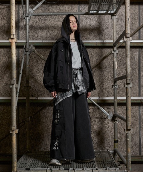 ERAR（エラー）の「【ERAR】【セットアップ対応】ハイダメージナイロンドッキングデザインサイドラインワイドデニムパンツ（デニムパンツ・メンズ・ブラック・S/M/L/XL）」の11枚目の写真