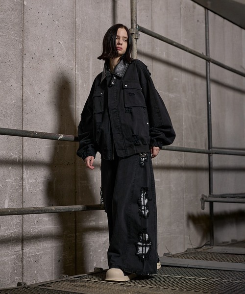 ERAR（エラー）の「【ERAR】【セットアップ対応】ハイダメージナイロンドッキングデザインサイドラインワイドデニムパンツ（デニムパンツ・メンズ・ブラック・S/M/L/XL）」の14枚目の写真