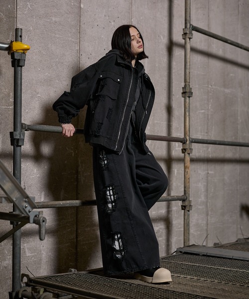 ERAR（エラー）の「【ERAR】【セットアップ対応】ハイダメージナイロンドッキングデザインサイドラインワイドデニムパンツ（デニムパンツ・メンズ・ブラック・S/M/L/XL）」の15枚目の写真