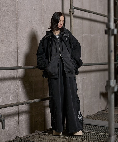 ERAR（エラー）の「【ERAR】【セットアップ対応】ハイダメージナイロンドッキングデザインサイドラインワイドデニムパンツ（デニムパンツ・メンズ・ブラック・S/M/L/XL）」の17枚目の写真