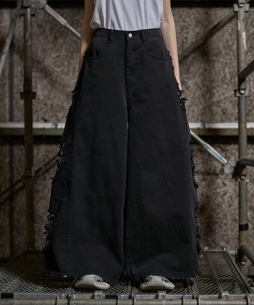 ERAR（エラー）の「【ERAR】【セットアップ対応】ハイダメージナイロンドッキングデザインサイドラインワイドデニムパンツ（デニムパンツ・メンズ・ブラック・S/M/L/XL）」の19枚目の写真