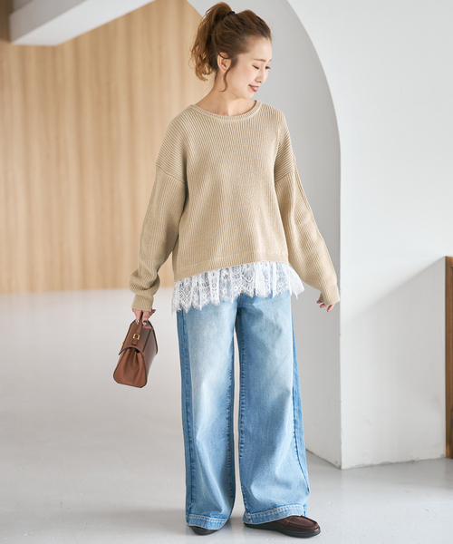 Spick & Span（スピックアンドスパン）の「《追加》レースドッキング畦ニットプルオーバー（ニット/セーター・レディース・ベージュ/チャコールグレー・FREE）」の4枚目の写真