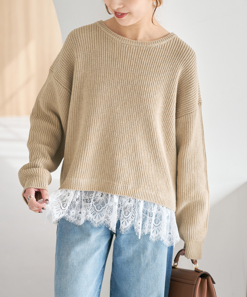 Spick & Span（スピックアンドスパン）の「《追加》レースドッキング畦ニットプルオーバー（ニット/セーター・レディース・ベージュ/チャコールグレー・FREE）」の12枚目の写真