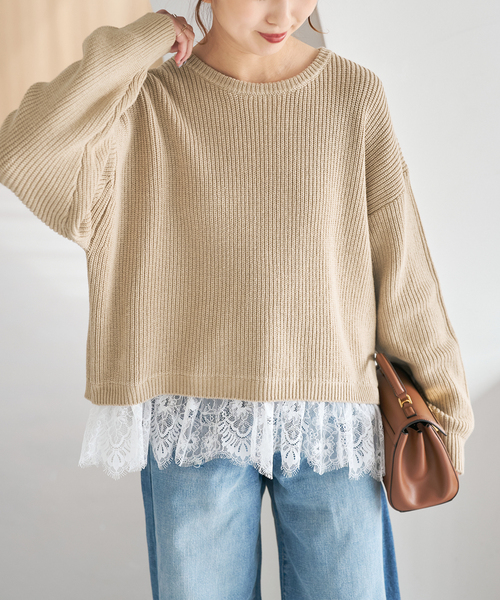 Spick & Span（スピックアンドスパン）の「《追加》レースドッキング畦ニットプルオーバー（ニット/セーター・レディース・ベージュ/チャコールグレー・FREE）」の13枚目の写真