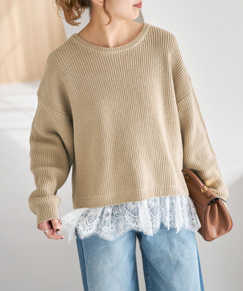 Spick & Span（スピックアンドスパン）の「《追加》レースドッキング畦ニットプルオーバー（ニット/セーター・レディース・ベージュ/チャコールグレー・FREE）」の14枚目の写真