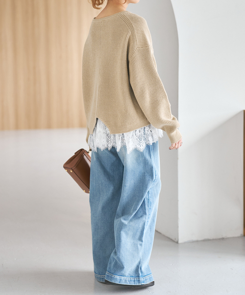 Spick & Span（スピックアンドスパン）の「《追加》レースドッキング畦ニットプルオーバー（ニット/セーター・レディース・ベージュ/チャコールグレー・FREE）」の16枚目の写真