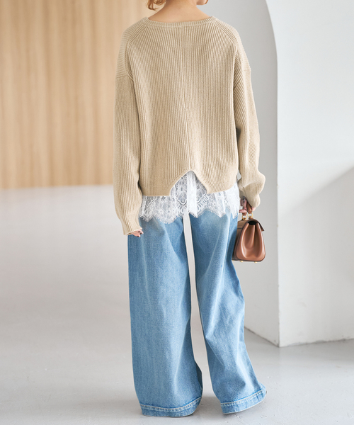 Spick & Span（スピックアンドスパン）の「《追加》レースドッキング畦ニットプルオーバー（ニット/セーター・レディース・ベージュ/チャコールグレー・FREE）」の17枚目の写真