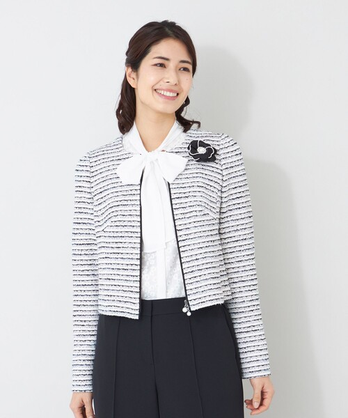 To Be Chic ツイード ノーカラージャケット ホワイト/ブラック44 フラッグモールツイード ノーカラージャケット(ジャケット)｜TO BE
