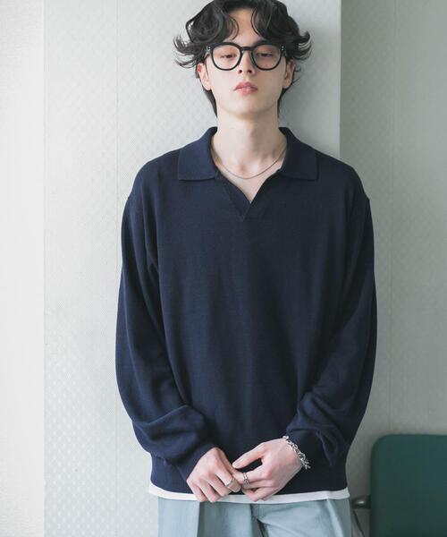 SENSE OF PLACE by URBAN RESEARCH（センスオブプレイスバイアーバンリサーチ）の「『洗濯可』スキッパーロングスリーブニット（ニット/セーター・メンズ・ネイビー/ブラック/ライトグレー・LARGE/MEDIUM）」の3枚目の写真