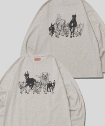 Cat ＆ Dog Print T-Shirt/アニマル 猫＆犬 発泡プリント オーバーサイズ 長袖Tシャツ ロンT レディース メンズ