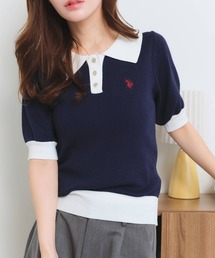 【U.S. POLO ASSN./ユーエスポロアッスン】刺繍 バイカラー 半袖 ポロニット サマーニット