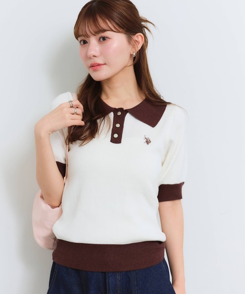 U.S. POLO ASSN.(ユーエスポロアッスン)の「【U.S. POLO ASSN./ユーエスポロアッスン】刺繍 バイカラー 半袖 ポロニット サマーニット(ポロシャツ・レディース・オフホワイト/グリーン系/ベージュ/ブラック系/ネイビー・M/L/LL)」の7枚目の写真