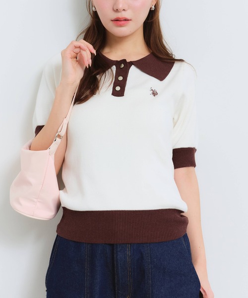 U.S. POLO ASSN.(ユーエスポロアッスン)の「【U.S. POLO ASSN./ユーエスポロアッスン】刺繍 バイカラー 半袖 ポロニット サマーニット(ポロシャツ・レディース・オフホワイト/グリーン系/ベージュ/ブラック系/ネイビー・M/L/LL)」の8枚目の写真