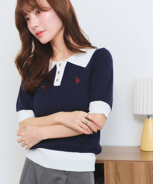 U.S. POLO ASSN.(ユーエスポロアッスン)の「【U.S. POLO ASSN./ユーエスポロアッスン】刺繍 バイカラー 半袖 ポロニット サマーニット(ポロシャツ・レディース・オフホワイト/グリーン系/ベージュ/ブラック系/ネイビー・M/L/LL)」の21枚目の写真