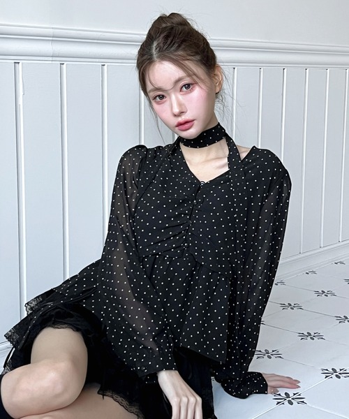 by muni:r(バイ ムニール)の「【タイスカーフ付き】ドットシャーリングタイブラウス(シャツ/ブラウス・レディース・アイボリー/ブラック・FREE)」の22枚目の写真