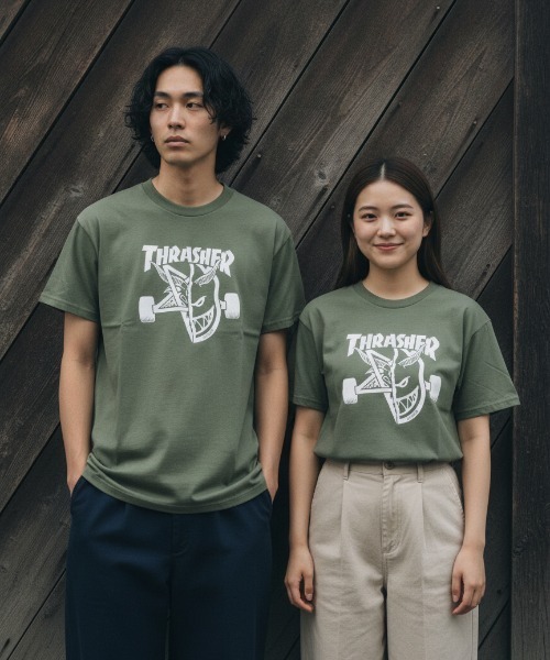 THRASHER(スラッシャー)の「SPITFIRE THRASH BURN S/S T-SHIRTS/ THRASHER スラッシャー ロゴプリント 半袖Tシャツ ユニセックス(Tシャツ/カットソー・メンズ・ブラック/アーミー・MEDIUM/LARGE/X-LARGE)」の2枚目の写真