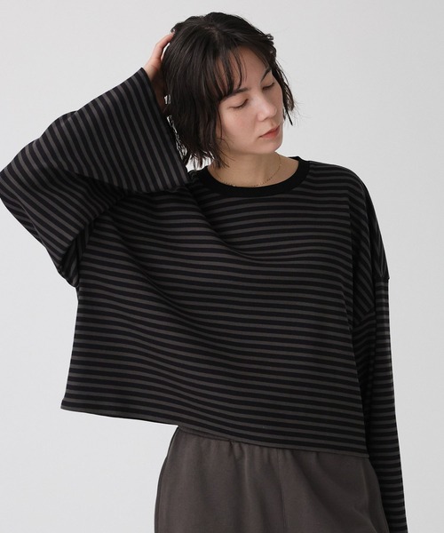 BABYLONE（バビロン）の「【大屋夏南さんコラボアイテム】【WEB先行予約】ボーダーロンT（Tシャツ/カットソー・レディース・チャコール/ボルドー・フリー）」の2枚目の写真