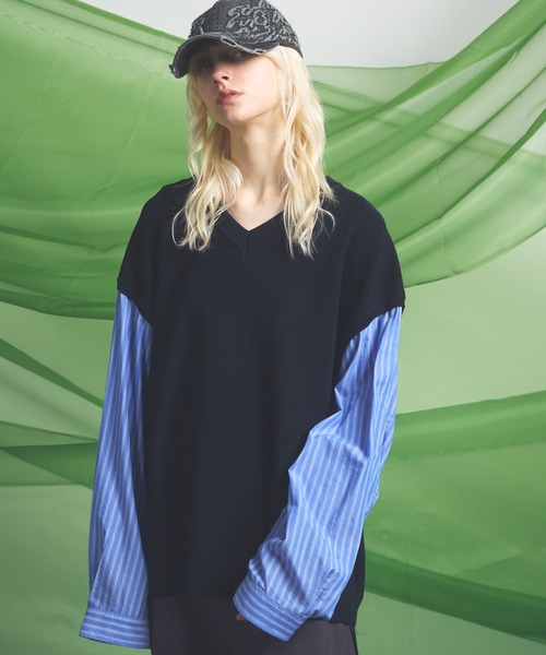 MAISON SPECIAL(メゾンスペシャル)の「《UNISEX》Shirt Docking Prime-Over V-neck Knit Pullover/シャツドッキングプライムオーバーVネックニットプルオーバー【MAISON SPECIAL/メゾンスペシャル】(ニット/セーター・メンズ・ブラウン/ネイビー・0/1/2)」の2枚目の写真