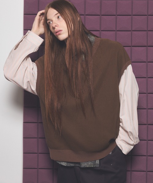 UNISEX》Shirt Docking Prime-Over V-neck Knit Pullover/シャツ UNISEX》Shirt Docking Prime-Over V-neck Knit Pullover/シャツ