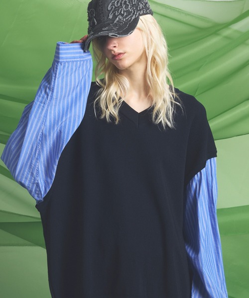UNISEX》Shirt Docking Prime-Over V-neck Knit Pullover/シャツ UNISEX》Shirt Docking Prime-Over V-neck Knit Pullover/シャツ