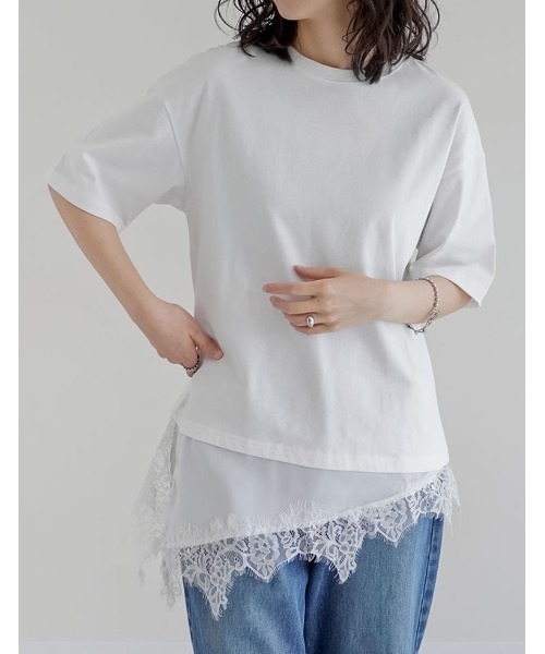Re:EDIT（リエディ）の「[2026 SUMMER COLLECTION]裾サテンレースレイヤード風Tシャツ（Tシャツ/カットソー・レディース・オフホワイト/ブラック・FREE）」の12枚目の写真