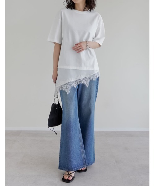 Re:EDIT（リエディ）の「[2026 SUMMER COLLECTION]裾サテンレースレイヤード風Tシャツ（Tシャツ/カットソー・レディース・オフホワイト/ブラック・FREE）」の9枚目の写真