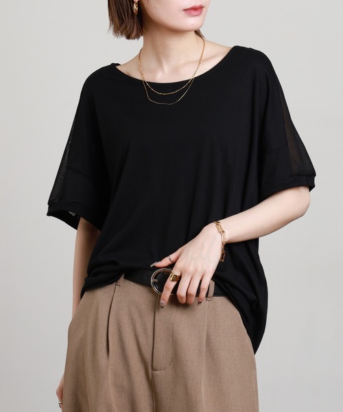 FUNALIVE(ファンアライブ)の「フレンチ袖シア切り替えクルーネック 半袖(Tシャツ/カットソー・レディース・アイボリー/ブラック/グレイッシュベージュ/ライトピンク/ブラウン系その他/チャコールグレー・F)」の18枚目の写真