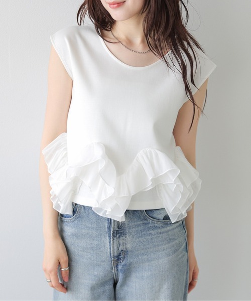 AMELY(エミリー)の「シアーフリルヘムトップス(Tシャツ/カットソー・レディース・ブラック/ホワイト・フリー)」の9枚目の写真