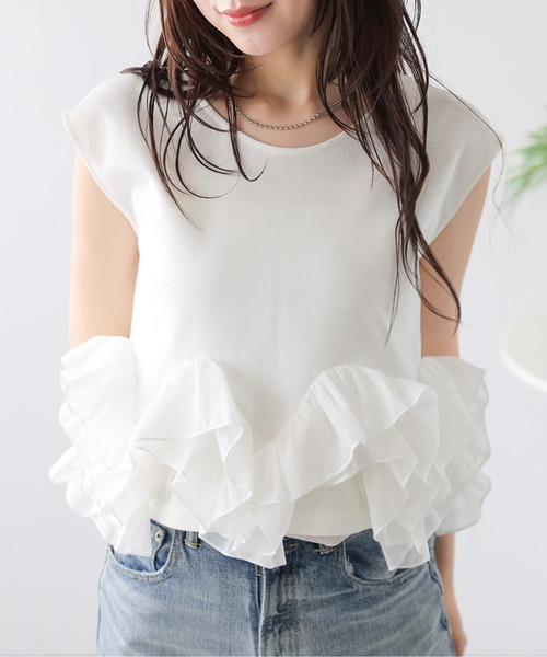 AMELY(エミリー)の「シアーフリルヘムトップス(Tシャツ/カットソー・レディース・ブラック/ホワイト・フリー)」の10枚目の写真