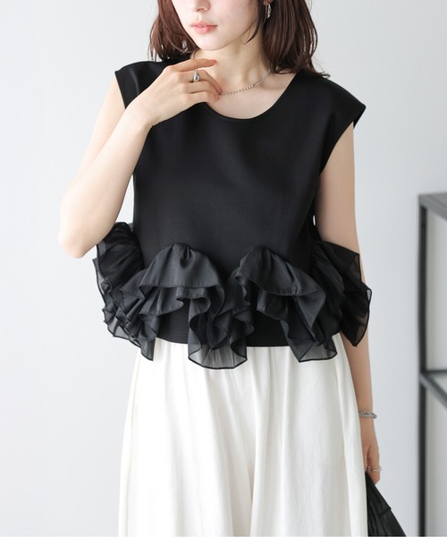 AMELY(エミリー)の「シアーフリルヘムトップス(Tシャツ/カットソー・レディース・ブラック/ホワイト・フリー)」の12枚目の写真