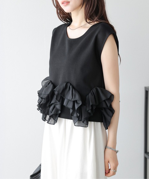 AMELY(エミリー)の「シアーフリルヘムトップス(Tシャツ/カットソー・レディース・ブラック/ホワイト・フリー)」の13枚目の写真