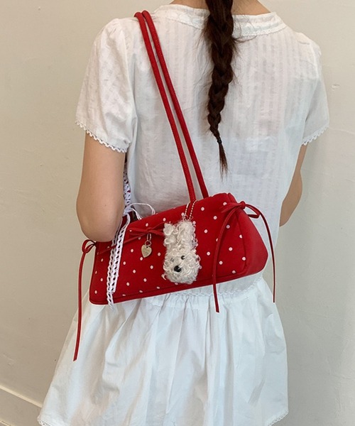 WESTSEA（ウエストシー）の「ドット柄 リボンチャーム 横長ワンショルダーバッグ（ショルダーバッグ・レディース・レッド/ブルー/ホワイト/ピンク/ブラック・FREE）」の14枚目の写真