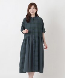 綿スラブチェック 5分袖前開きワンピース