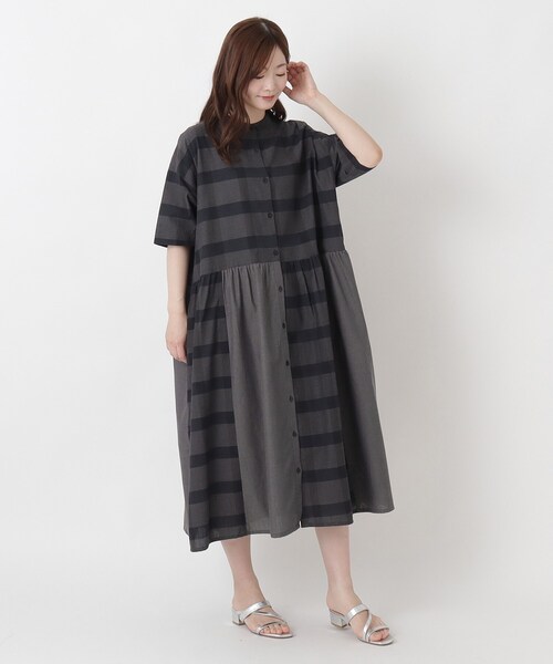 one'sterrace(ワンズテラス)の「綿スラブチェック 5分袖前開きワンピース(ワンピース・レディース・オレンジ系その他5/グリーン系その他6/ネイビー系5/ブラック系8・02)」の5枚目の写真