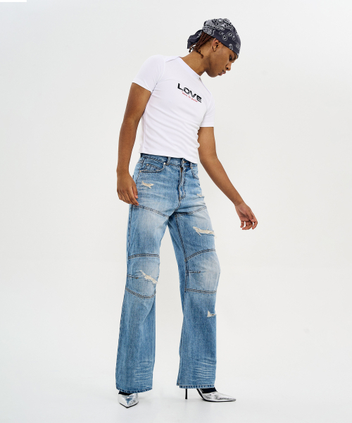 WORLDDILEMA(ワールドジレンマ)の「Racer Knee Line Washing Denim Pants (Light Blue)(デニムパンツ・レディース・その他・82/55)」の2枚目の写真