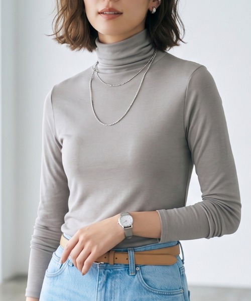 Belta attrice(ベルタアトリーチェ)の「【秋新作】夢見るスムースコットン100くしゅタートルネック長袖インナーカットソー/薄手 2重仕立て 秋冬(Tシャツ/カットソー・レディース・ライトグリーン/グレー/ダークカーキ/ブラック/バーガンディー/ローズ/ワイン/ストーン/ターコイズブルー/サンドベージュ/ダークパープル・FREE)」の3枚目の写真