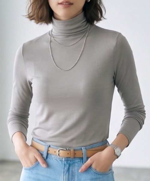 Belta attrice(ベルタアトリーチェ)の「【秋新作】夢見るスムースコットン100くしゅタートルネック長袖インナーカットソー/薄手 2重仕立て 秋冬(Tシャツ/カットソー・レディース・ライトグリーン/グレー/ダークカーキ/ブラック/バーガンディー/ローズ/ワイン/ストーン/ターコイズブルー/サンドベージュ/ダークパープル・FREE)」の18枚目の写真