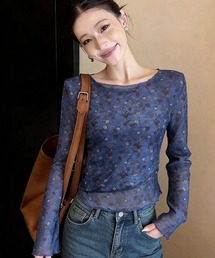 ヴィンテージ小花柄シアー長袖トップス