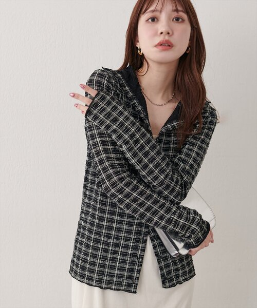 natural couture(ナチュラルクチュール)の「チェック柄シャーリングプルオーバー(Tシャツ/カットソー・レディース・オフホワイト/ブラック・FREE)」の12枚目の写真